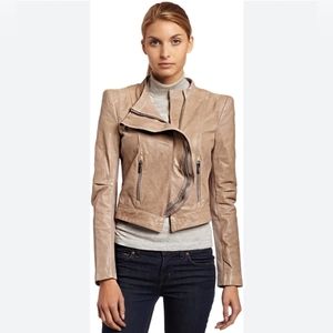 BCBGMaxAzria  SOY CHAI MOTO ZIPPERS LEATHER JACKET BEIGE SIZE M